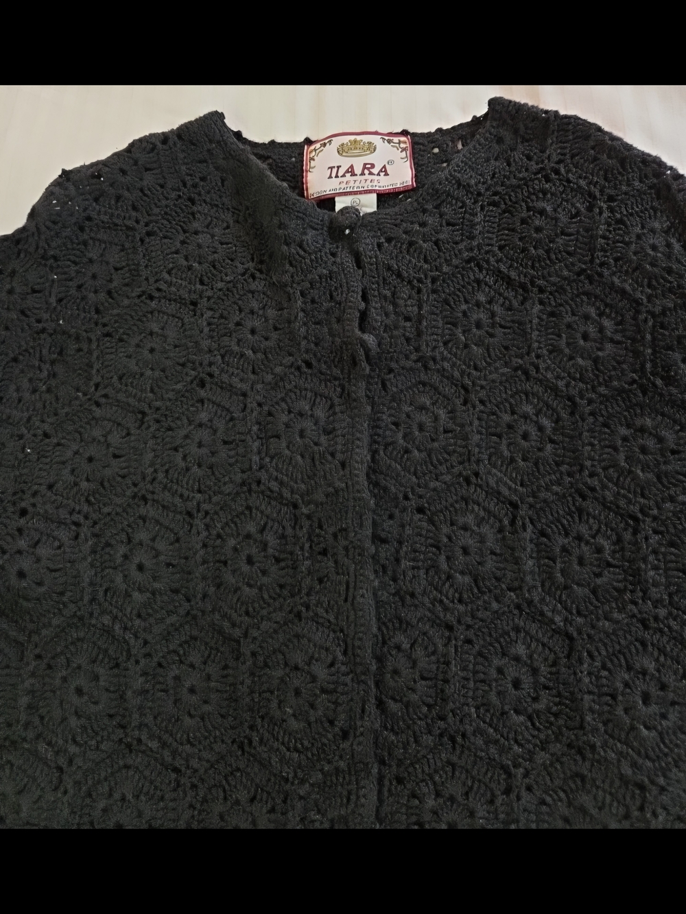 Vintage Tiara Petites Black Women's Black Crochet Knit Button-Front Cardigan - Picture 7 of 7